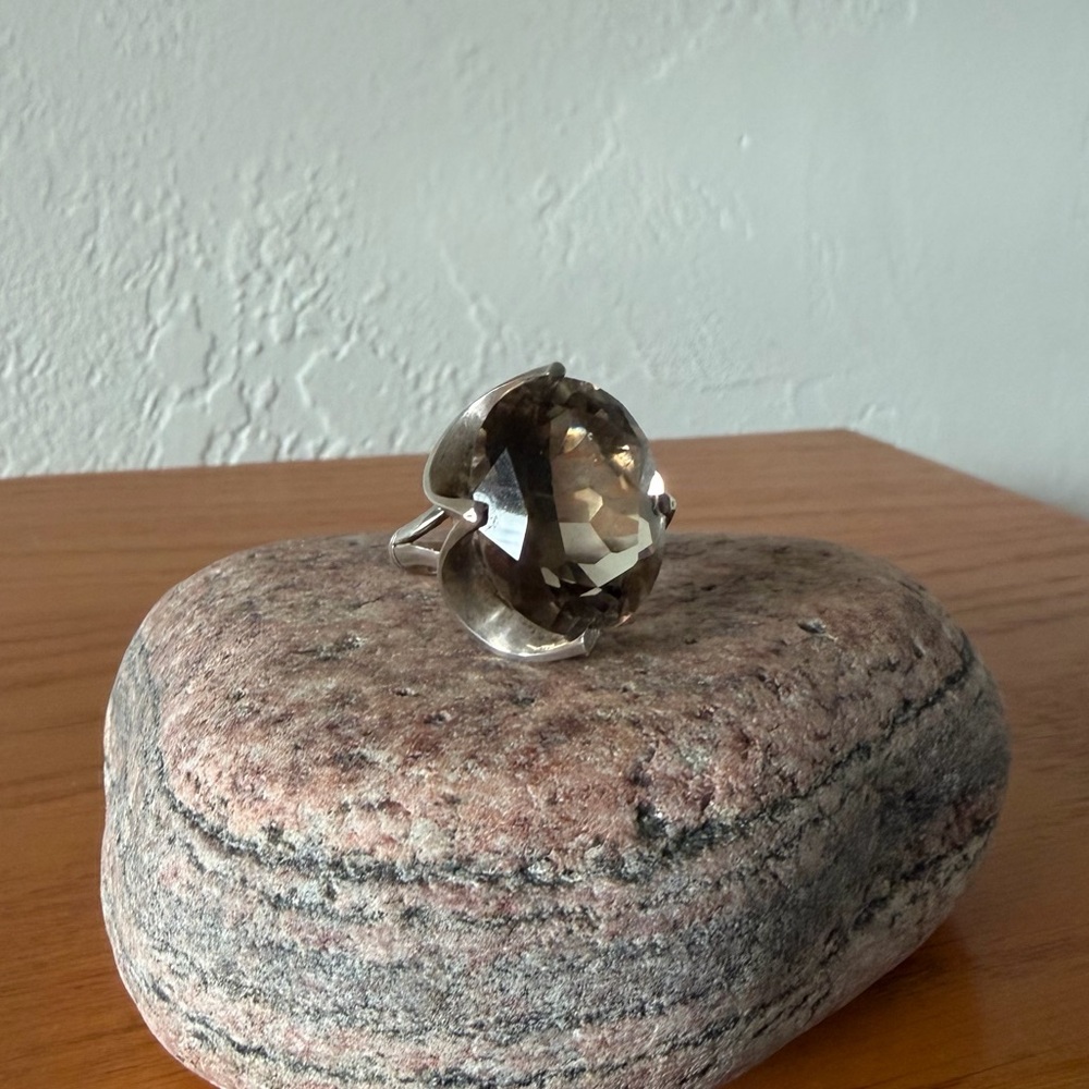 Vintage Mid-Century 925 Silver Smoky Citrine Ring - Oversized Faceted Gem [7]